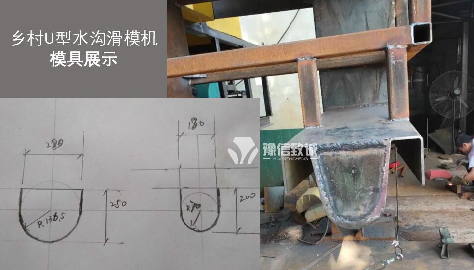 U型水溝滑模機模具尺寸展示和尺寸圖